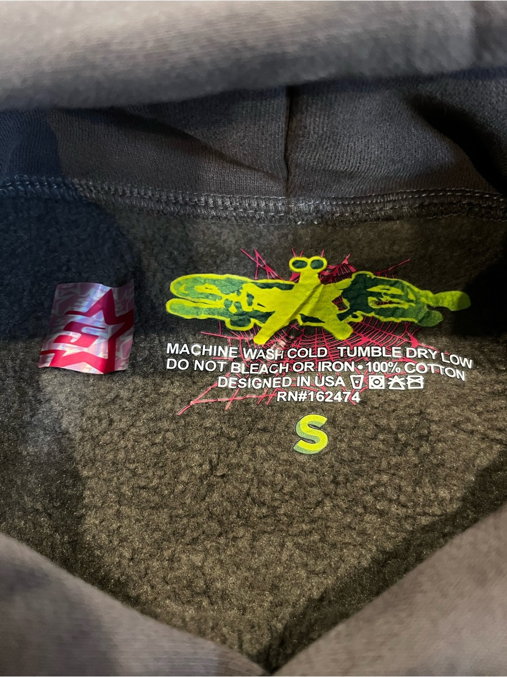 Sp5der Gray Hoodie Sweatshirt with Neon Green Graphic - Picture 4 of 4
